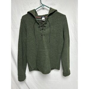 VTG J Crew 100% Virgin Wool Hoodie Pullover, Lace Up Neck, Made In USA, Green, L